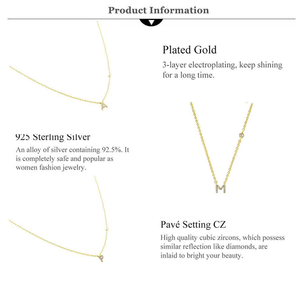925 Sterling Silver Gold Small 26 Letters A- Z Zircon Pendant Monogram Necklace