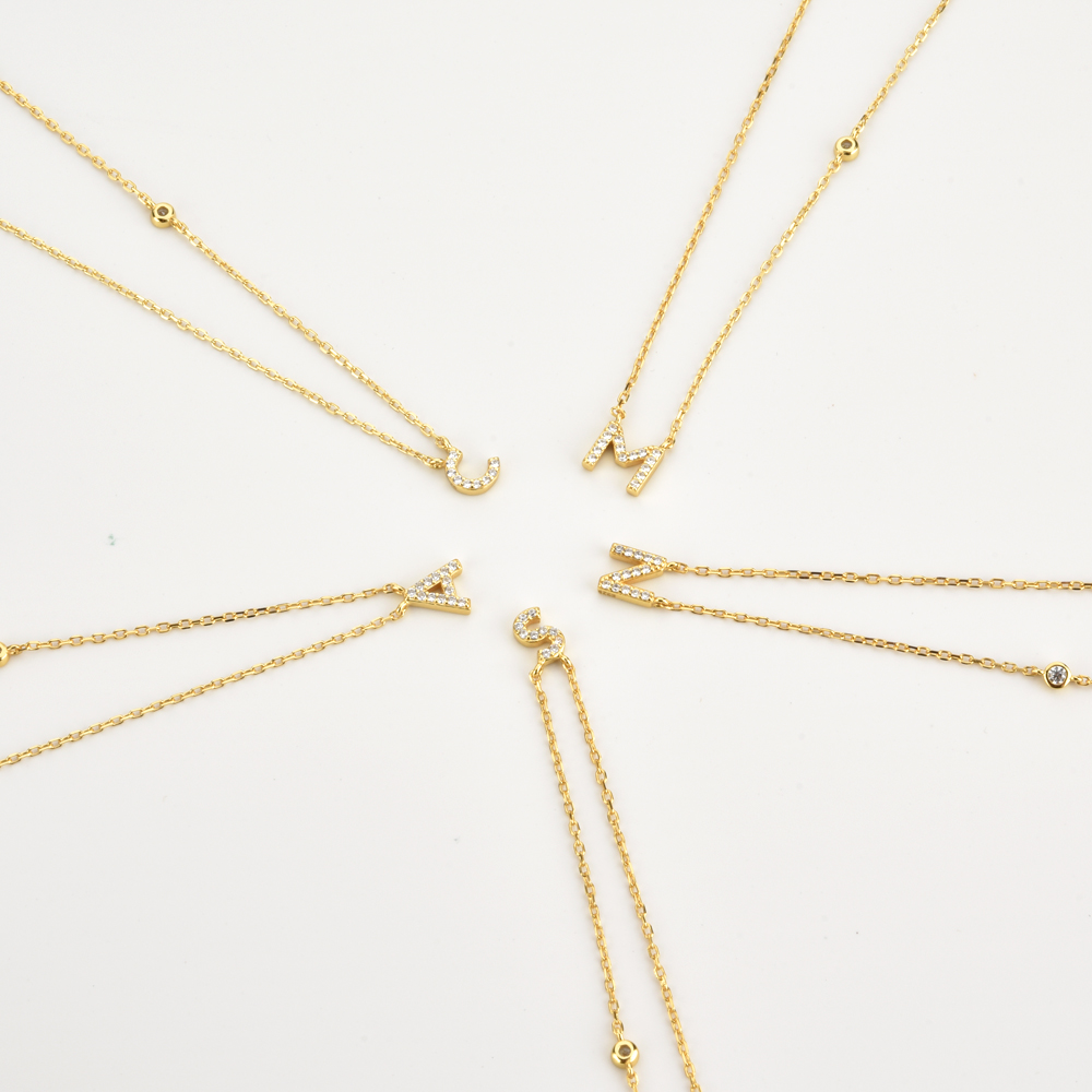 925 Sterling Silver Gold Small 26 Letters A- Z Zircon Pendant Monogram Necklace